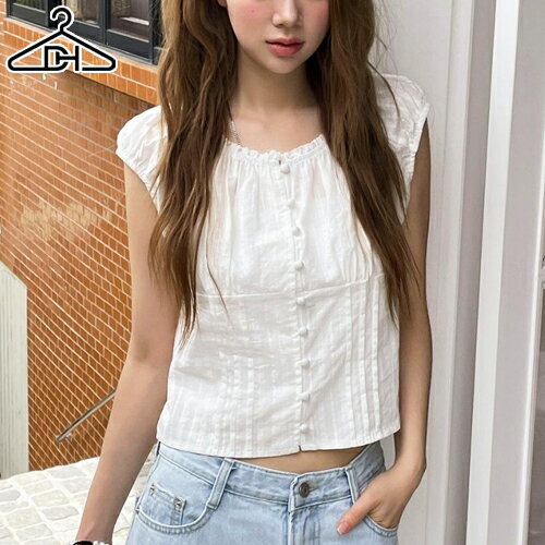 乐天商城 - [0619NEW]レディース 韓国ファッション トップス ブラウス キャップスリーブ クロップド フリル ガーリー フェミニン カジュアル 着回し お出かけ 夏 d61e24