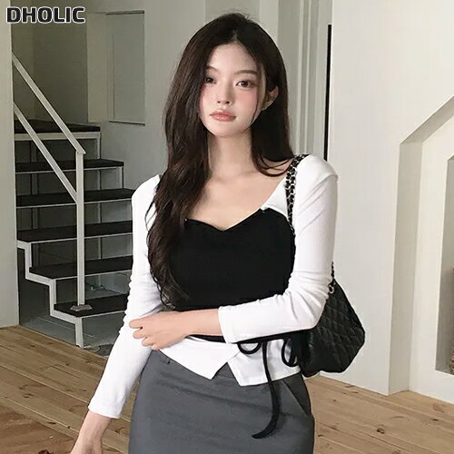 乐天商城 - レディース 韓国ファッション トップス Tシャツ カットソー クロップド 長袖 スクエアネック 配色 レイヤード レイヤード風 リボン結び 伸縮性 スリム フェミニン シック セクシー デイリー デート SSBLAN