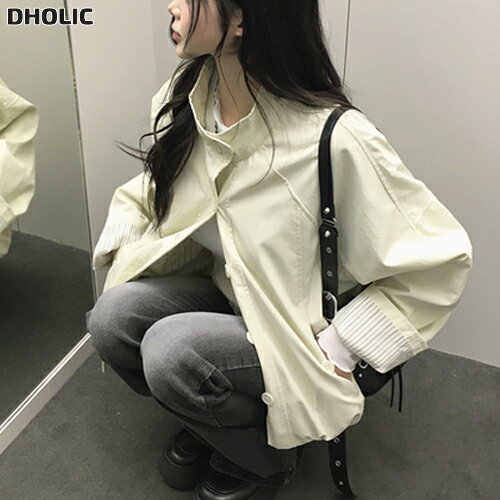乐天商城 - レディース 韓国ファッション アウター ジャンパー ショート丈 クロップド 長袖 ハイネック ロールアップ 配色 綿混 楽ちん カジュアル シック フェミニン デイリー 春 秋 SSBLAN