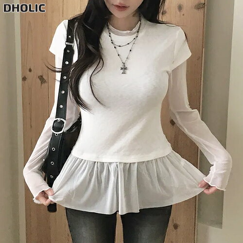 乐天商城 - レディース 韓国ファッション トップス Tシャツ カットソー 長袖 モックネック 配色 レイヤード レイヤード風 フリル シアー 伸縮性 ガーリー フェミニン シック スリム デイリー お出かけ 春 秋 SSBLAN