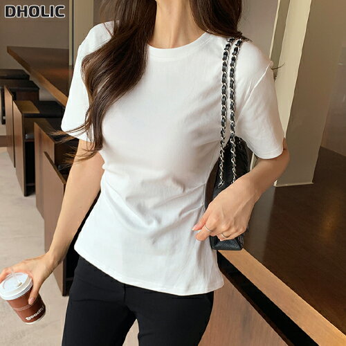 乐天商城 - レディース 韓国ファッション トップス Tシャツ カットソー 半袖 クロップド ラウンドネック ギャザー カラバリ 無地 綿混 ベーシック フェミニン オフィス カジュアル デイリー 着回し 春 夏 SSMINA