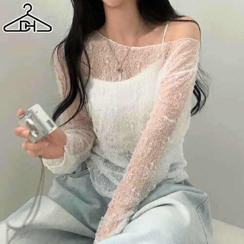 Rakuten - レディース 韓国ファッション セットアップ アンサンブル トップス Tシャツ トップス キャミソール 長袖 オフショル シースルー 透け感 レース 2way 伸縮性 薄手 スリム フェミニン シック セクシー 着回し お出かけ 春 夏 SSSUPO