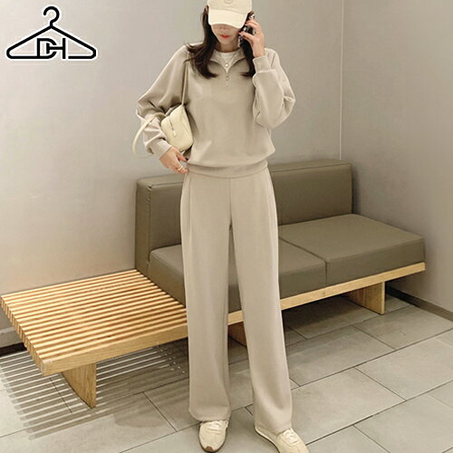 レディース 韓国ファッション セットアップ パンツセット ボトムス 上下セット トップス スウェット トレーナー 長袖 ワイドパンツ 無地 ハーフジップ ウエストゴム 伸縮性 楽ちん カジュアル デイリー 着回し 秋 冬 SSCITY