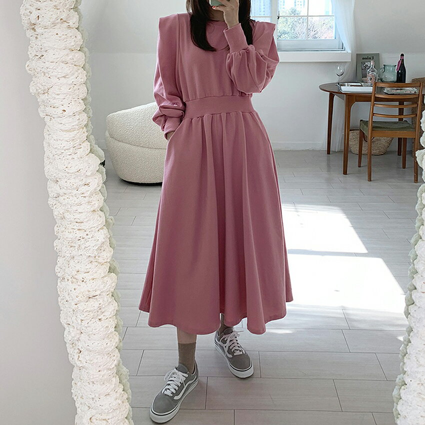 [IPUMU] ops レディース 韓国ファッション ロングワンピース ラウンドネック ウエストゴム 綿混 ポケット 楽ちん シンプル ガーリー フェミニン 大人 カジュアル オフィス お出かけ 春 秋 d53b27