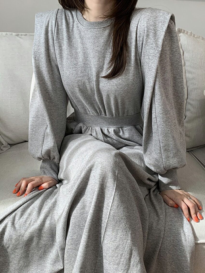 [IPUMU] ops レディース 韓国ファッション ロングワンピース ラウンドネック ウエストゴム 綿混 ポケット 楽ちん シンプル ガーリー フェミニン 大人 カジュアル オフィス お出かけ 春 秋 d53b27