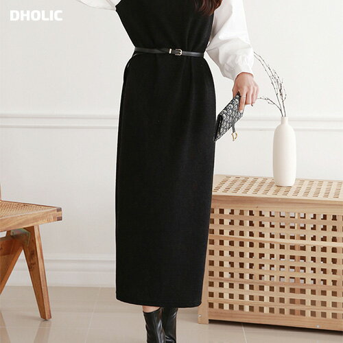 [BADA] ops レディース 韓国ファッション ロングワンピース 長袖 モックネック クロップド ベルトセット 楽ちん プチプラ 上品 シンプル ガーリー 大人 フェミニン オフィス カジュアル 春 秋 冬 d53b27