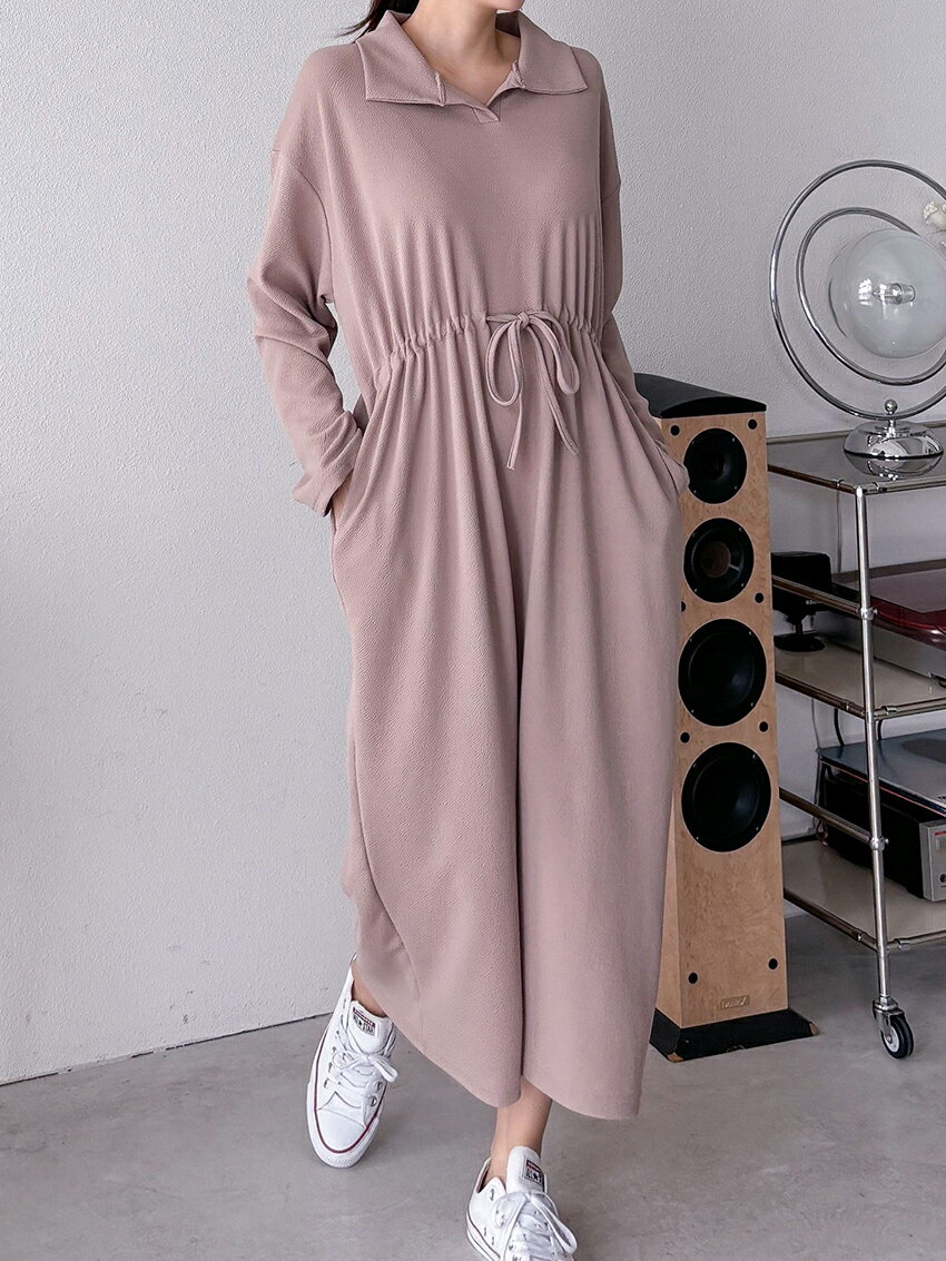 [BADA] ops レディース 韓国ファッション ロングワンピース 長袖 オープンカラーネック ポケット ストリング ルーズ 楽ちん プチプラ ラフ シンプル マタニティ ガーリー 大人 カジュアル 春 秋 d51b23