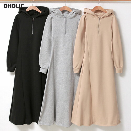 [IPUMU] ops 韓国ファッション ロングワンピース 長袖 パフスリーブ フレア フード付 伸びる 裏起毛 綿混 楽ちん プチプラ シンプル ガーリー 学生 大人 フェミニン カジュアル 秋 冬 d53b27