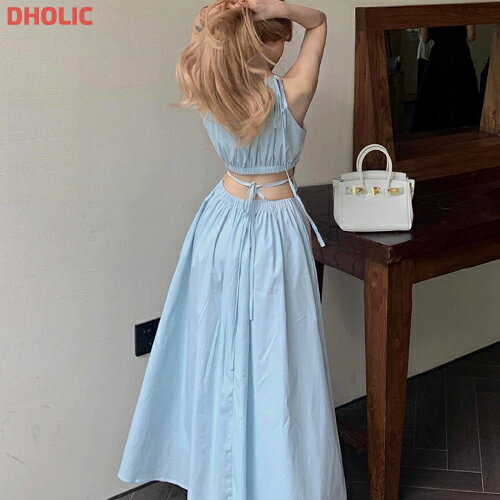 ops レディース 韓国ファッション ノースリーブ ロングワンピース ホルターネック フレア ウエストリボン結び 無地 おしゃれ セクシー シンプル カジュアル 夏 bada d62g19