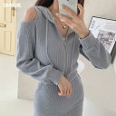 set レディース 韓国ファッション 上下セット トップス パーカー クロップド 長袖 ボトムス ロングスカート スリム 伸びる ニット 厚手 フェミニン カジュアル 秋 冬 ipum d61h08