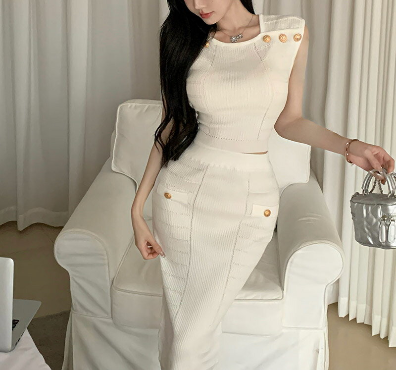 set レディース 韓国ファッション 上下セット トップス ニット フレンチスリーブ クロップド ボトムス ロングスカート タイト スリム 伸びる セクシー 大人 カジュアル 春 夏 bada d62g19