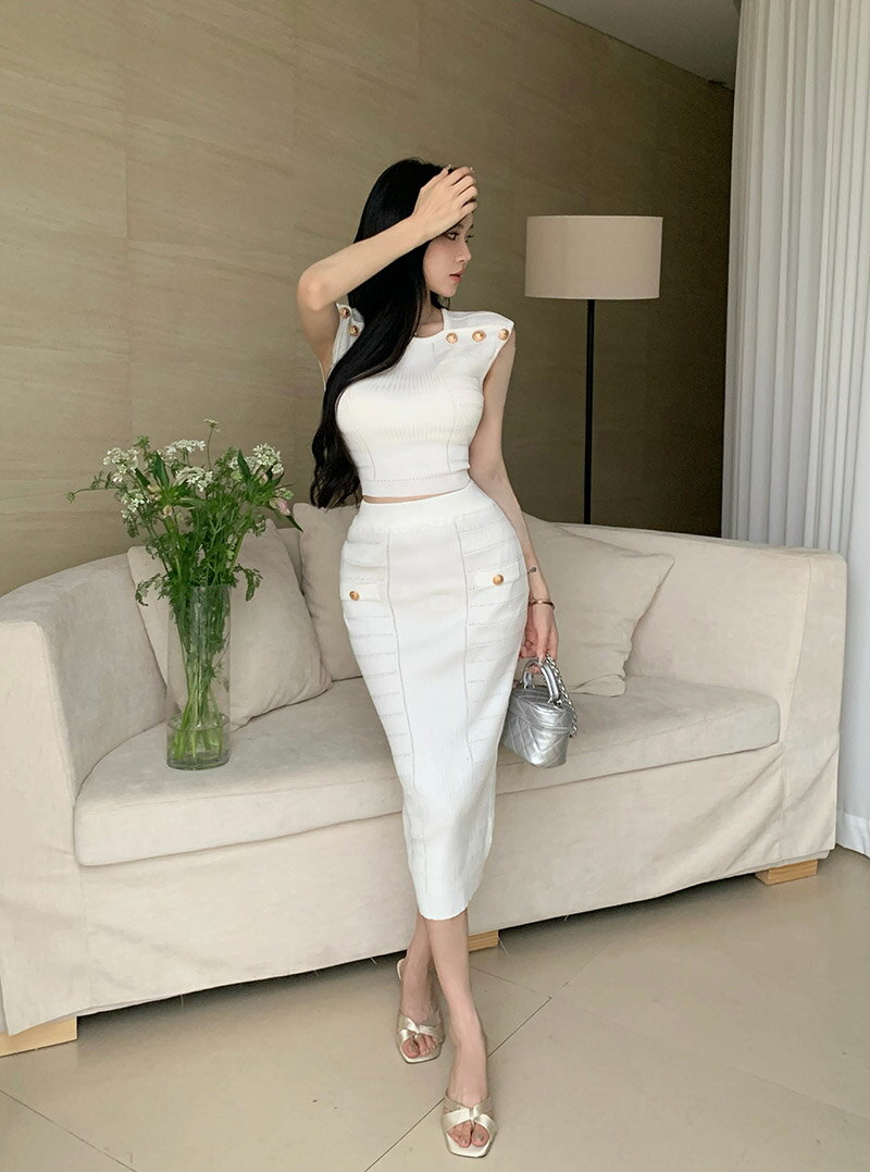 set レディース 韓国ファッション 上下セット トップス ニット フレンチスリーブ クロップド ボトムス ロングスカート タイト スリム 伸びる セクシー 大人 カジュアル 春 夏 bada d62g19