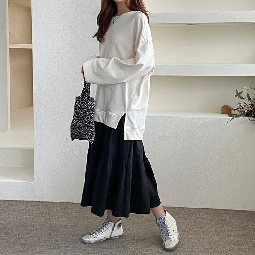 [BADA] sk レディース 韓国ファッション ボトムス ロングスカート ウエストゴム 綿 コットン 楽ちん ラフ プチプラ シンプル 学生 ガーリー フェミニン 大人 カジュアル 春 秋 d61c12-1