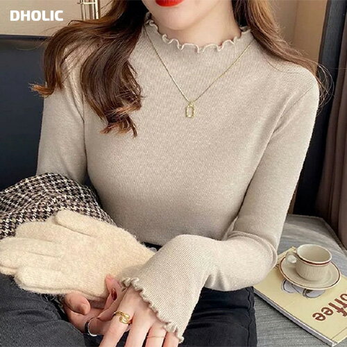 [BADA] kn レディース 韓国ファッション トップス 長袖 ハイネック クロップド 細身 スリム 伸びる プチプラ シンプル 学生 ガーリー 大人 オフィス カジュアル 着回し デイリー お出かけ 春 秋 d62J02のサムネイル