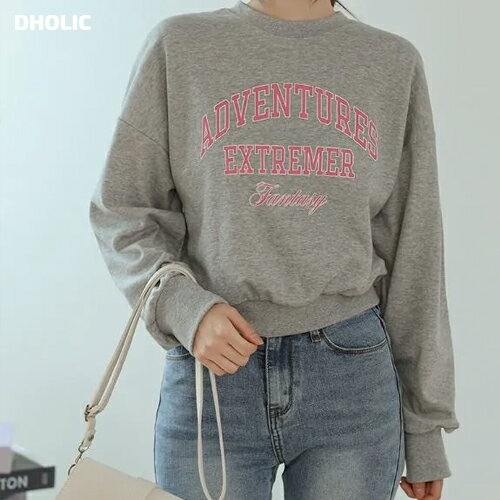 [BADA] tops レディース 韓国ファッション トップス 長袖 クロップド ロゴt レタリング ドロップショルダー 綿混 プチプラ シンプル ガーリー 大人 カジュアル 春 秋 d61i05