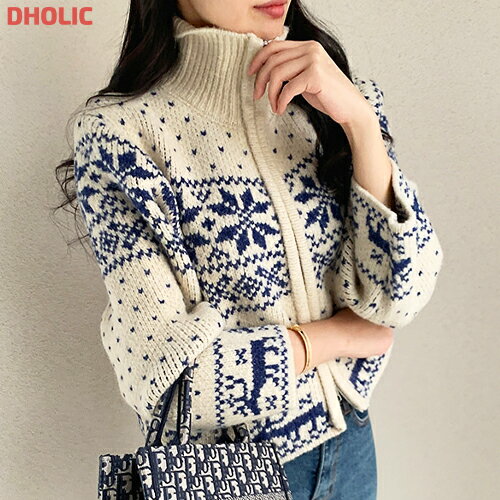 cd レディース 韓国ファッション トップス カーディガン 長袖 ハイネック カラーネック クロップド ノルディック 伸びる ダブルジップ シンプル カジュアル ,秋 冬 SSMINA