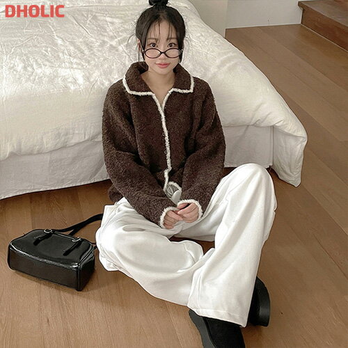 乐天商城 - cd レディース 韓国ファッション トップス カーディガン 長袖 襟 カラーネック クロップド ラグランスリーブ 配色ライン ブークレ 伸びる シンプル カジュアル 秋 冬 SSMEWI