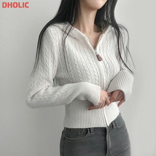 [0214NEW] レディース 韓国ファッション トップス カーディガン ジップアップ フード ケーブル 長袖 スリム 伸びる 大人 オフィス カジュアル 着回し 春 秋 冬 SSLILIのサムネイル