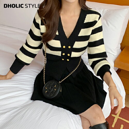 Vネックダブルボタンボーダーカーデ...