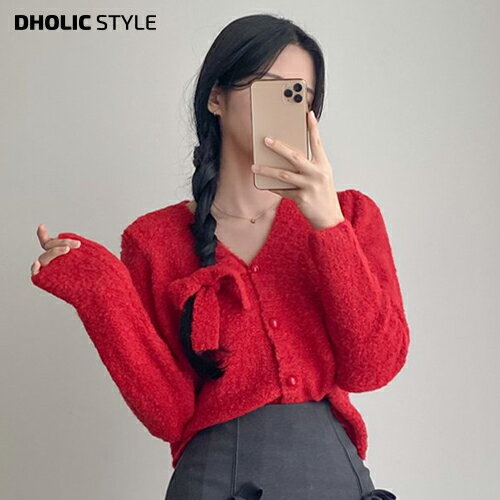 Rakuten - ヘアリボン付ニットカーディガン・p602390 レディース 【cd】トップス 長袖 Vネック ボタン ニット リボン ヘアアクセサリー ガーリー カジュアル シンプル お出かけ 着回し 秋 冬 STYLE 韓国ファッション