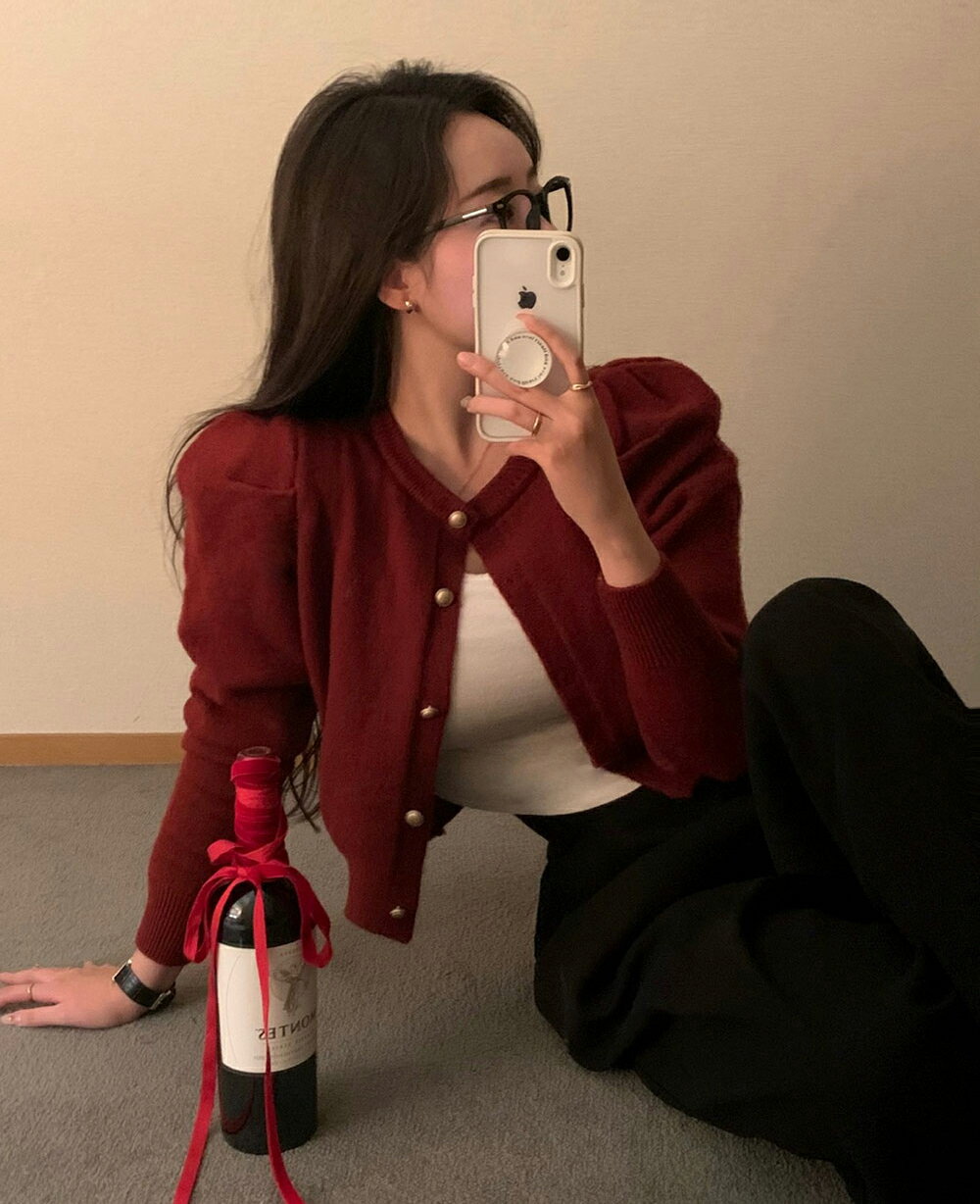 ゴールドボタンパフカーディガン・p619181 レディース 【cd】トップス 長袖 カーディガン ラウンドネック パフスリーブ ボタン ゴールド フェミニン 大人 お出かけ 着回し 秋 冬 STYLE 韓国ファッション