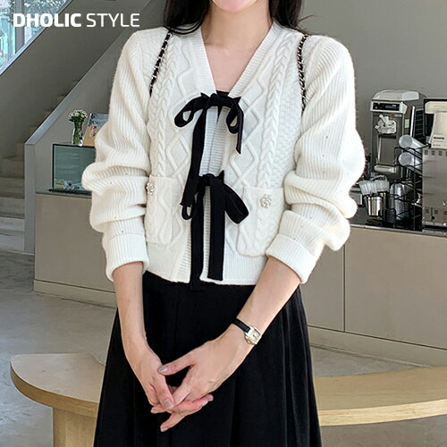 乐天商城 - ビジューポケットリボンカーディガン・p622991 レディース 【cd】トップス 長袖 カーディガン Vネック リボン ビジュー ポケット ガーリー デート お出かけ 着回し 秋 冬 STYLE 韓国ファッション