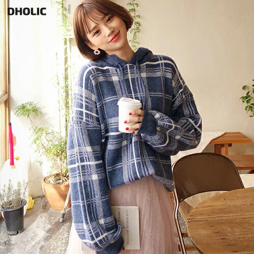 チェックニットフードプルオーバー・全3色 b51326 レディース【tops】【トップス ニット ニットパーカー プルオーバー ニットトップス ニットプルオーバー チェック チェック柄 フード フーディー カジュアル ラフ ウール 秋冬】