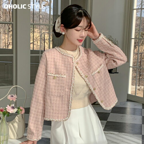 クロップドツイードジャケット・p502538 レディース 【jk】 韓国ファッション ジャケット アウター ツイード クロップド丈 春色 ノーカラー 長袖 ボタン 大人 ガーリー カジュアル お出かけ 春 デート カジュアル STYLEのサムネイル