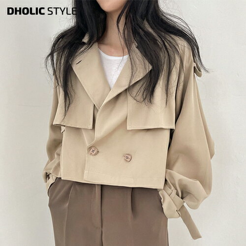 クロップドトレンチコート・p288250 レディース 【jk】トレンチコート 長袖 ショート丈 クロップド丈 単色 無地 シンプル ベーシック 襟 えり Vネック ボタン ぼたん フラップ 秋 冬 春 フェミニン ユニーク 韓国ファッション STYLE