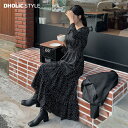 《人気再入荷》ops レディース 韓国ファッション ロングワンピース 長袖 マキシ丈 Vネック フレア Aライン ドット柄 パターン シンプル ガーリー フェミ...