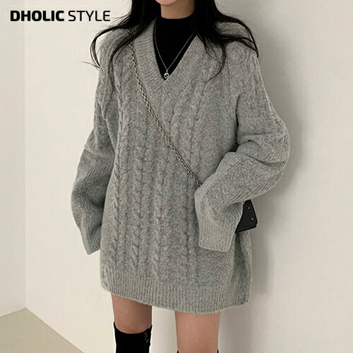 Vネックケーブルニットワンピース・p306324 レディース 【ops】 韓国ファッション ワンピース ミニワンピース チュニック ショート丈 ロングニット 襟 長袖 Hライン ルーズ オーバサイズ 体型カバー マタニティ ツイスト 無地 カジュアル 秋 冬 STYLE