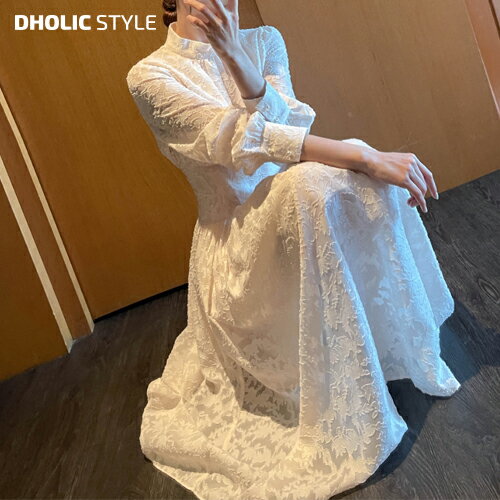 楽天DHOLIC STYLEハーフギャザーネックパターンワンピース・p423352 レディース 【ops】ワンピース ロング丈 ハーフネック ギャザー フレア 柄 模様 総柄 長袖 ボタン ぼたん ドレス お呼ばれ 結婚式 パーティードレス 秋 冬 フェミニン 韓国ファッション STYLE