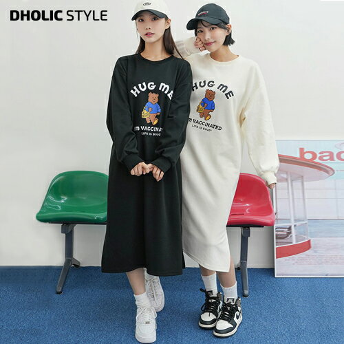 楽天DHOLIC STYLEHUG MEベアースウェットワンピース・p435054 レディース 【ops】ワンピース 長袖 ロング丈 柄 模様 プリント ロゴ ロゴT キャラクター ゆったり 楽ちん 体型カバー スリット ワンマイルウェア 秋 冬 スウェット 韓国ファッション STYLE