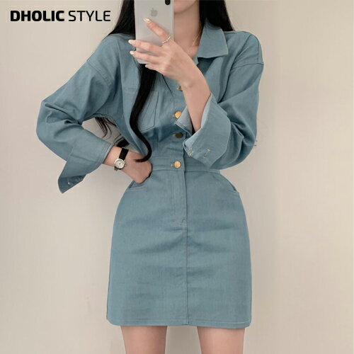 ワンポケデニムワンピース・p435287 レディース 【ops】ワンピース ミニ丈 長袖 デニム ジーンズ 長袖 ハーフボタン 襟 えり ストレート 台形 秋 冬 カジュアル ラフ 黒 青 紺 ブラック ブルー ネイビー 韓国ファッション STYLEのサムネイル