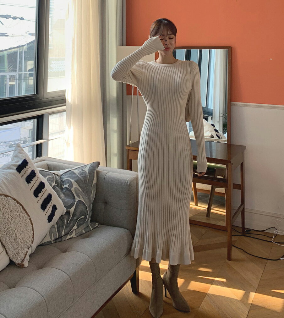 スリムリブニットマーメイドワンピース・p474683 レディース 【ops】 韓国ファッション ワンピース ロング丈 ラウンドネック 長袖 ニットワンピース リブニット マーメイド フレアヘム スリムフィット タイト 細身 シンプル 大人 カジュアル 冬 STYLE