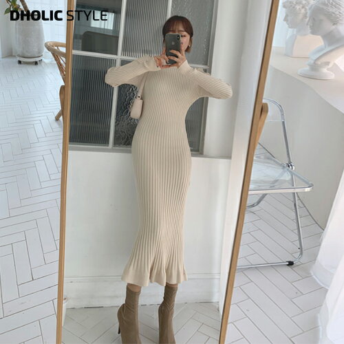 スリムリブニットマーメイドワンピース・p474683 レディース 【ops】 韓国ファッション ワンピース ロング丈 ラウンドネック 長袖 ニットワンピース リブニット マーメイド フレアヘム スリムフィット タイト 細身 シンプル 大人 カジュアル 冬 STYLE