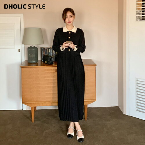 配色プリーツニットワンピース・p494527 レディース 【ops】 韓国ファッション ワンピース ロング丈 カラーネック 長袖 配色 ニットワンピース プリーツ 切替ライン 体型カバー フェイクボタン 無地 デイリー お出かけ 大人 春 秋 カジュアル STYLEのサムネイル