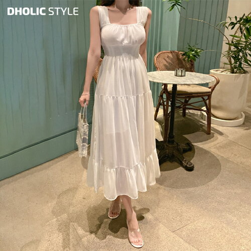 Other - シフォンスモークノースリワンピース・p568238 レディース 【ops】 韓国ファッション ワンピース ロング丈 ロングワンピース ノースリーブ シフォン 鎖骨 デコルテ フレア フェミニン 上品 白 黒 お出かけ 春 夏 STYLE