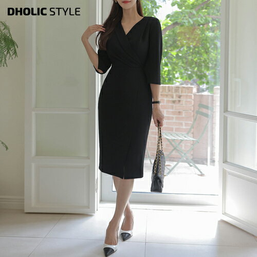 7分袖シャーリングHラインワンピース・p574206 レディース 【ops】ワンピース ロング丈 カシュクール 7分袖 シャーリング Hライン 無地 モード オフィスカジュアル お呼ばれ 春 夏 SSBADD 韓国ファッションのサムネイル