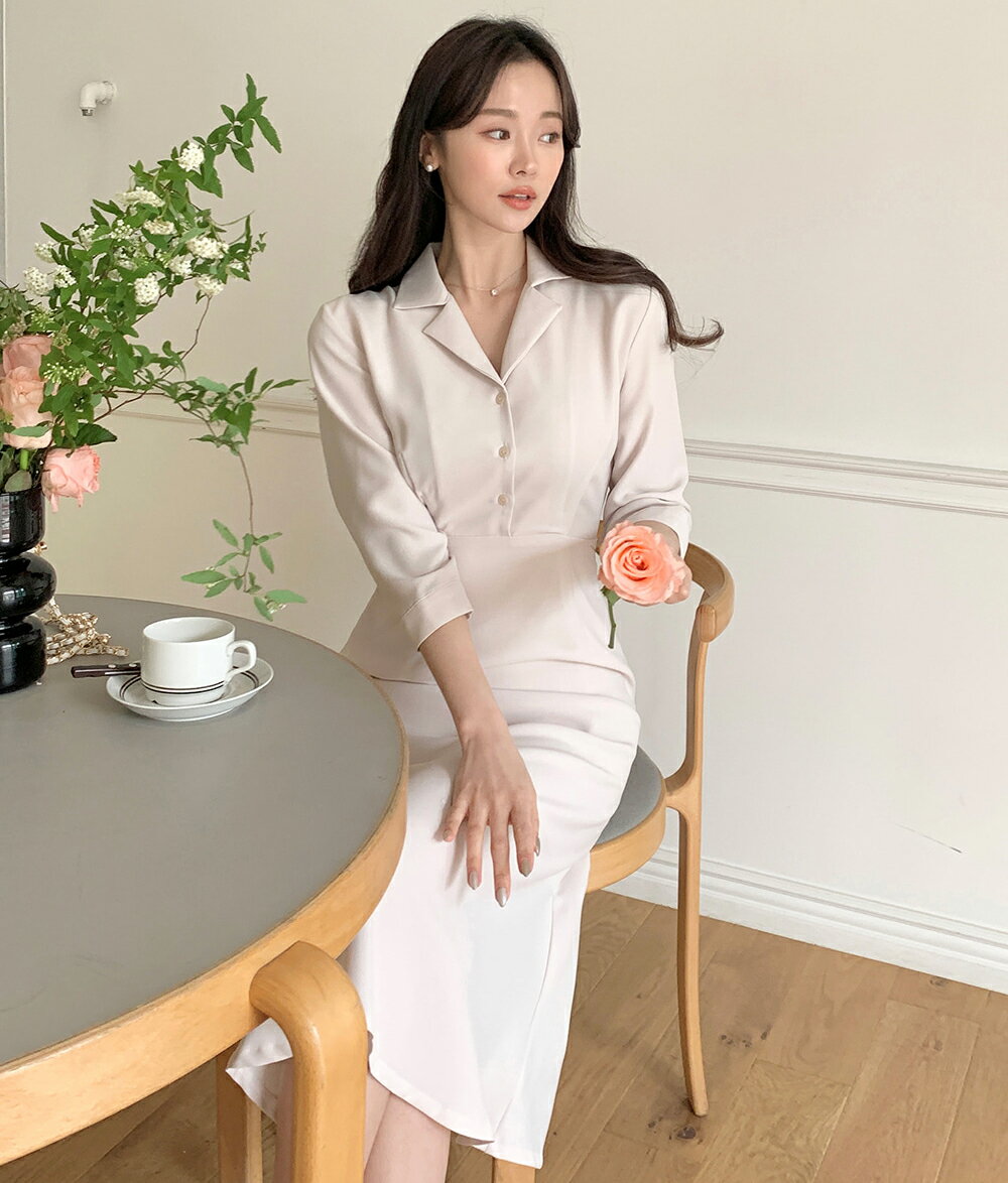 オープンカラーマーメイドワンピース・p651204 レディース 【ops】ワンピース ロング丈 7分袖 オープンカラー マーメイド スリム ハーフボタン リボン 無地 フェミニン オフィス お呼ばれ SSBLAN 韓国ファッション