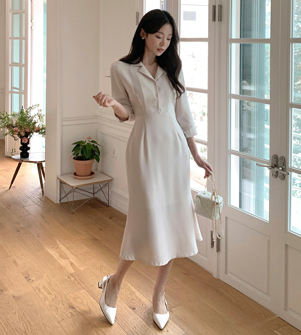 オープンカラーマーメイドワンピース・p651204 レディース 【ops】ワンピース ロング丈 7分袖 オープンカラー マーメイド スリム ハーフボタン リボン 無地 フェミニン オフィス お呼ばれ SSBLAN 韓国ファッション