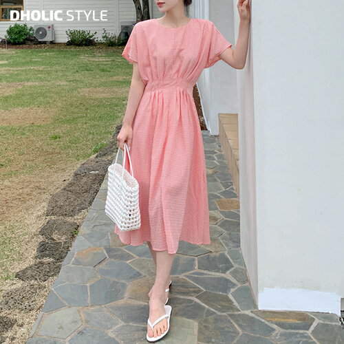 乐天商城 - ウエストピンタックチェックワンピース・p654139 レディース 【ops】ワンピース ロング丈 半袖 パフスリーブ ピンタック チェック柄 フレア Aライン 体型カバー ガーリー お出かけ 春 夏 SSBADD 韓国ファッション