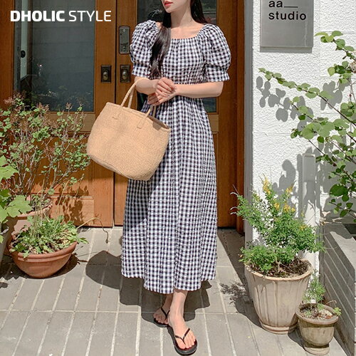 [マラソンSALE]スクエアネックパフギンガムチェックワンピース・p663874 レディース 【ops】ワンピース ロング丈 スクエアネック オフショルダー 半袖 パフスリーブ ボリューム ギンガムチェック フレア コットン ガーリー 春 夏 SSBADD 韓国ファッションのサムネイル