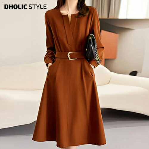 レーディス ops 韓国ファッション ロングワンピース キーネック ベルトセット フレア 長袖 薄手 ミドル丈 膝丈 オフィス フェミニン 大人 カジュアル 上...