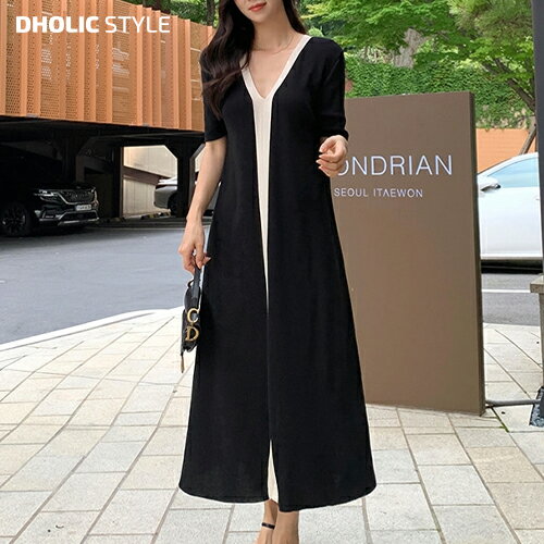 レディース ops 韓国ファッション ロングワンピース Vネック バイカラー ストレート 体型カバー 二の腕カバー ガーリー フェミニン 大人 オフィス カジュアル シンプル お出かけ 夏 SSMINA