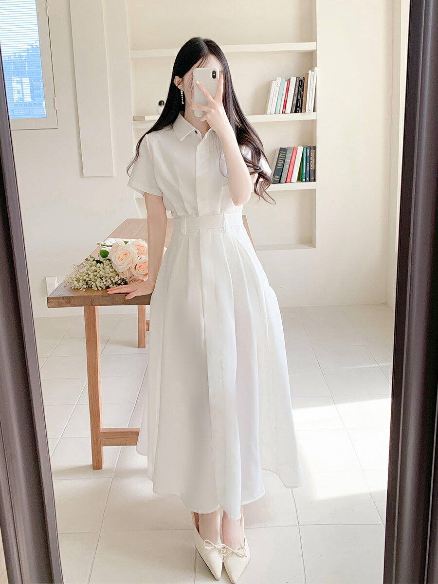 レーディス 韓国ファッション dholic 夏 summer なつ ss フライフロント半袖シャツワンピース・p660191 ワンピース シャツワンピース 綿70% ポリエステル30% ウエストリボン マキツワンピース fiona SSFION