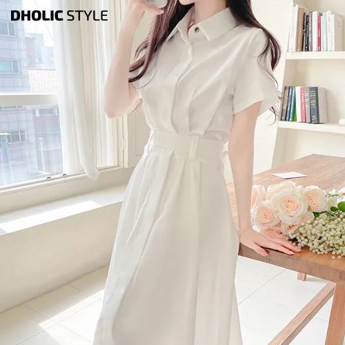 レーディス 韓国ファッション dholic 夏 summer なつ ss フライフロント半袖シャツワンピース・p660191 ワンピース シャツワンピース 綿70% ポリエステル30% ウエストリボン マキツワンピース fiona SSFION