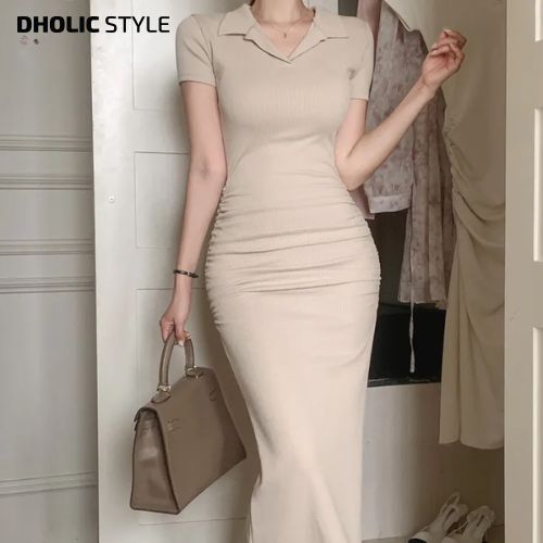 レーディス 韓国ファッション dholic 夏 summer なつ ss 開襟サイドギャザー半袖ワンピース・p681513 ワンピース ロングワンピース ポロワンピース スリムフィット カラバリ lovesomeone