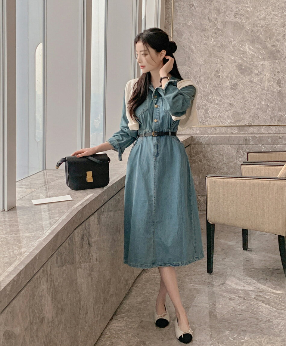 レディース ops 韓国ファッション ミニワンピース ロングワンピース シャツワンピース ベルトセット カラーネック 長袖 ポケット シンプル ガーリー フェミニン 大人 カジュアル 春 秋 SSHIGH