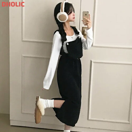 ops レディース 韓国ファッション サロペット ロングワンピース 肩紐アジャスター ボア ウエストストリング 裏地 サイドスリット シンプル ガーリー カジュアル 秋 冬 SSMSUG